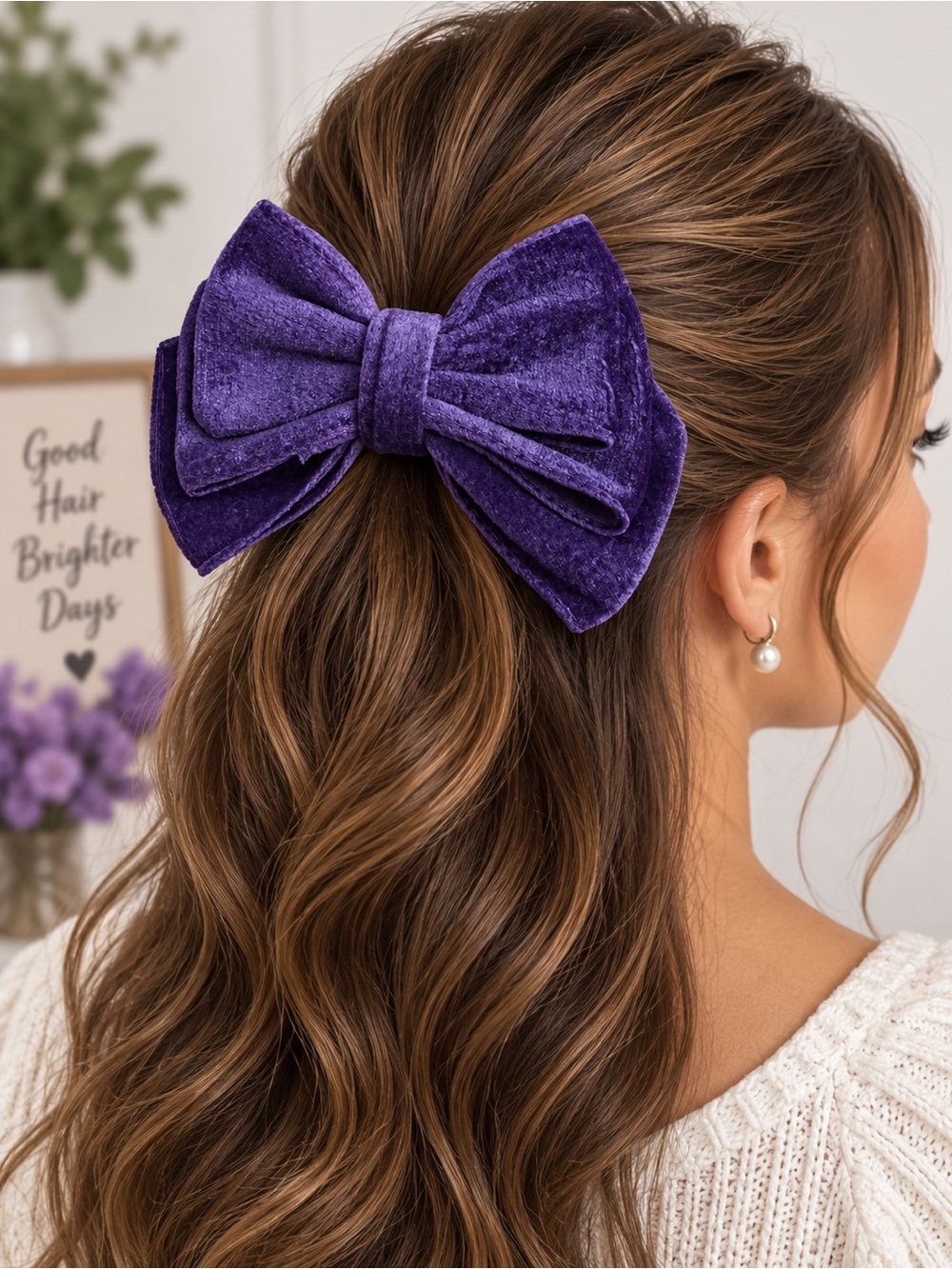 Velvet Bow Hair Clip - Purple 5.5”